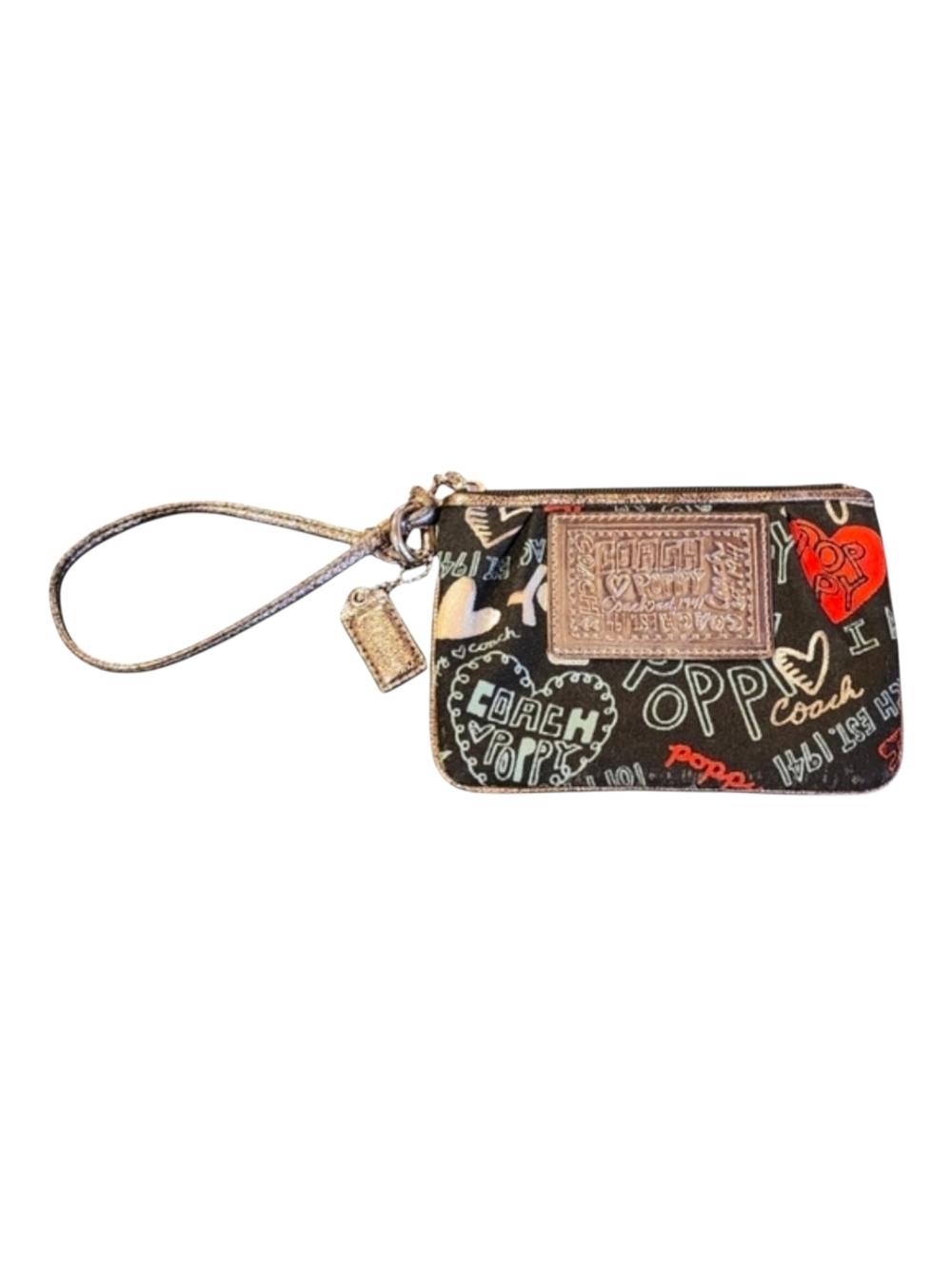 Coach Poppy Heart Wristlet Black & Gold Metallic Canvas